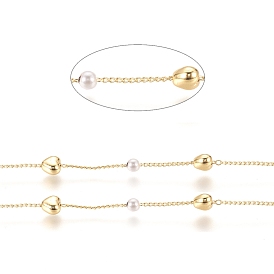 Brass Handmade Beaded Chain, Curb Chains, with CCB Plastic Imitation Pearl Bead, Long-Lasting Plated, Soldered, with Spool, Heart