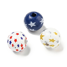 Printed Wood European Beads, Round with Star Pattern
