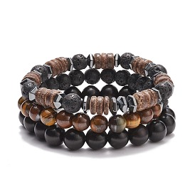3Pcs 3 Style Natural & Synthetic Mixed Stone Stretch Bracelets Set with Wood Beaded for Women