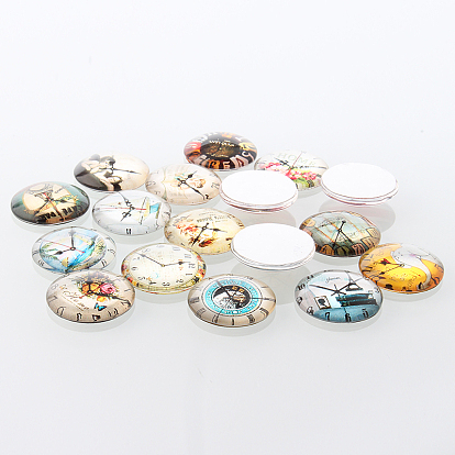 Clock Printed Glass Cabochons, Half Round/Dome