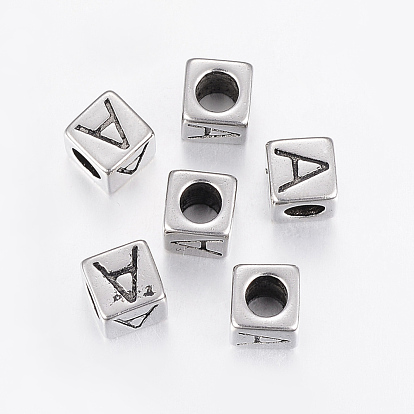 304 Stainless Steel Large Hole Letter European Beads, Cube with Letter.A