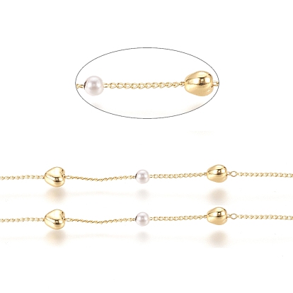 Brass Handmade Beaded Chain, Curb Chains, with CCB Plastic Imitation Pearl Bead, Long-Lasting Plated, Soldered, with Spool, Heart