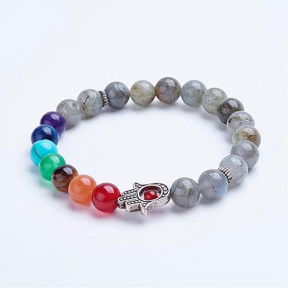 Natural Gemstone Beaded Stretch Bracelets, with Alloy Spacer Beads, Hamsa Hand/Hand of Fatima/Hand of Miriam