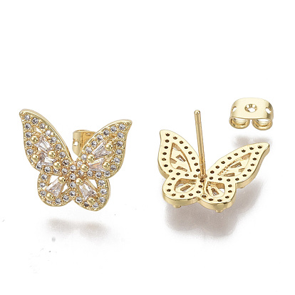 Brass Micro Pave Clear Cubic Zirconia Stud Earrings, with Earring Backs, Nickel Free, Butterfly