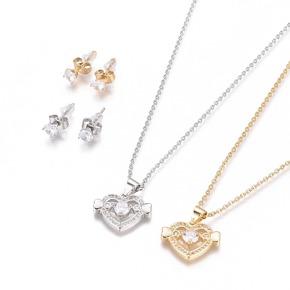 304 Stainless Steel Jewelry Sets, Brass Micro Pave Cubic Zirconia Pendant Necklaces and 304 Stainless Stud Earrings, with Plastic Ear Nuts/Earring Back, Heart