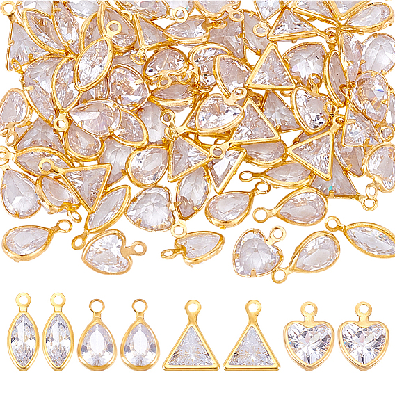 80Pcs 4 Styles Brass Micro Pave Cubic Zirconia Charms, Golden