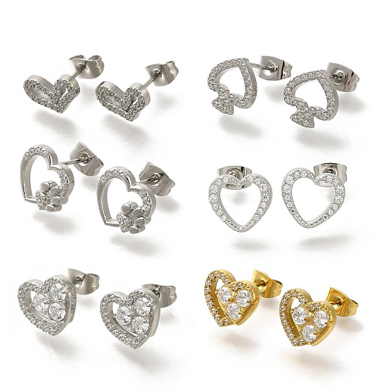 304 Серьги-гвоздики из нержавеющей стали с прозрачным фианитом и микропаве, сердце, ионное покрытие (ip)