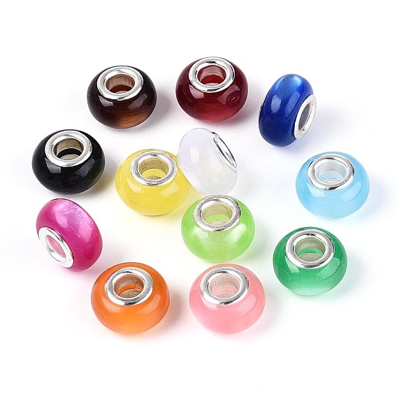 Большое отверстие Rondelle смолы европейские шарики, с двойным сердечником из латуни с серебряным покрытием, 14x9 мм, отверстие : 5 мм