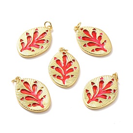 Rack Plating Brass Enamel Pendants, Cadmium Free & Lead Free & Nickle Free, with Jump Ring, Oval with Leaf