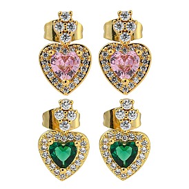 Brass Pave Cubic Zirconia Stud Earrings, Heart