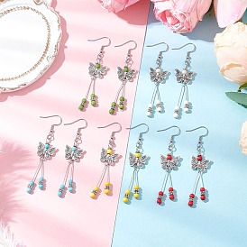Butterfly 304 Stainless Steel Tassel Dangle Earrings, with Alloy Bead and Synthetic Turquoise, Antique Silver