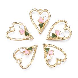 Alloy Enamel Pendants, Cadmium Free & Lead Free, Heart with Flower, Light Gold