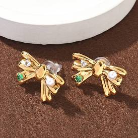 304 серьги-гвоздики из нержавеющей стали с микропаве из кубического циркония, бантом, с пластиковой имитационной жемчужиной