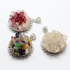 Natural Quartz Crystal Pendants, with Silver Tone Brass Findings, Flower