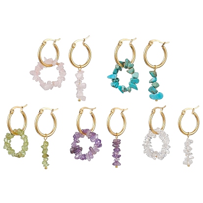 Natural Mixed Gemstone Chips Asymmetrical Earrings, 304 Stainless Steel Hoop Earrings