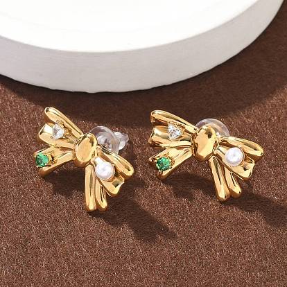 304 серьги-гвоздики из нержавеющей стали с микропаве из кубического циркония, бантом, с пластиковой имитационной жемчужиной