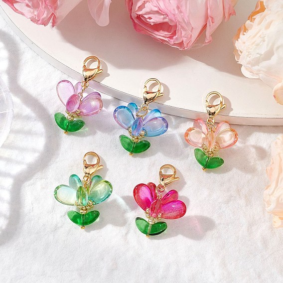 Стеклянные подвески украшения, с 304 из нержавеющей стали Lobster Claw застежками, цветок