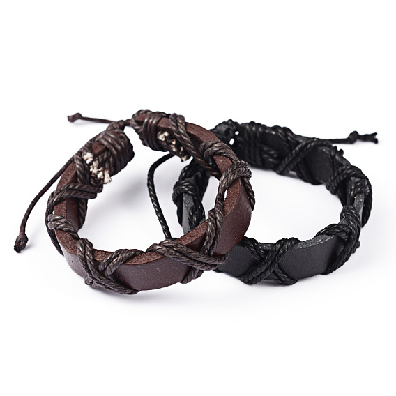 Adjustable Leather Cord Bracelets, with Waxed Cord, 60~68mm