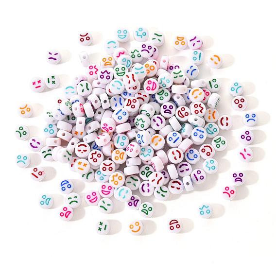 White Opaque Acrylic Beads, Flat Round with Expression