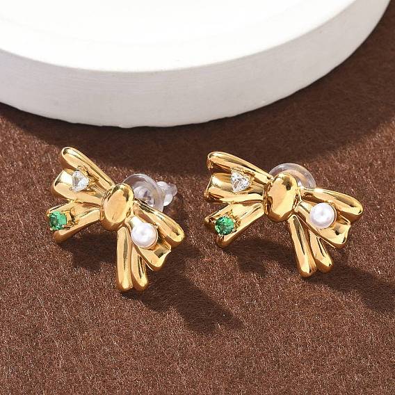 304 серьги-гвоздики из нержавеющей стали с микропаве из кубического циркония, бантом, с пластиковой имитационной жемчужиной