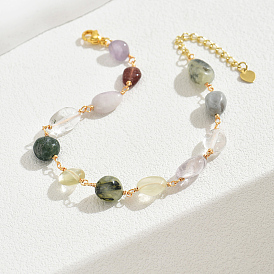 Fashionable Brass Natural Amethyst & Citrine & Rose Quartz & Prehnite & Quartz Crystal Anklets for Women's Beachwear