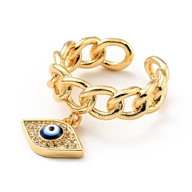 Cubic Zirconia Rhombus with Evil Eye Open Cuff Ring with Enamel, Brass Hollow Ring for Women, Cadmium Free & Lead Free
