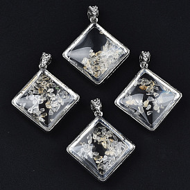 Transparent Glass Rhombus Pendants, with Citrine Chip Beads Inside and Brass Findings, Platinum