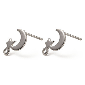 Moon & Star Shape 201 Stainless Steel Stud Earrings Findings, with 304 Stainless Steel Pins &  Horizontal Loops