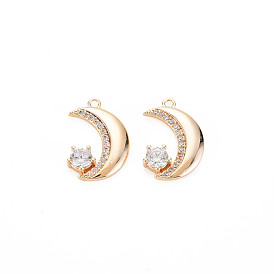 Brass Micro Pave Cubic Zirconia Pendants, Real 18K Gold Plated, Nickel Free, Moon