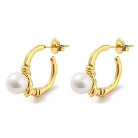 304 Stainless Steel Ring Stud Earrings, ABS Plastic Pearl Beadsed Half Hoop Earrings