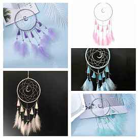 Handmade Woven Net/Web with Feather Wall Hanging Decoration, with Tassel and Moon Charm, for Home Decoration