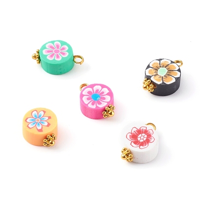 Polymer Clay Pendants, with Brass Findings, Flat Round with Flower Pattern, Golden