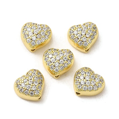 Valentine' s Day Brass Micro Pave Clear Cubic Zirconia Beads, Cadmium Free & Lead Free, Heart