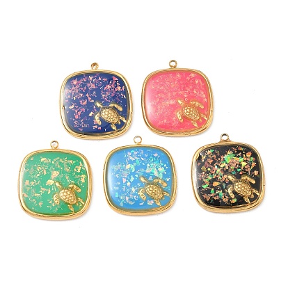 304 подвески из нержавеющей стали, эпоксидной смолы, с натуральными ракушками и пайетками внутри, квадрат с подвесками в виде черепахи, реальный 18 k позолоченный, вакуумное покрытие pvd