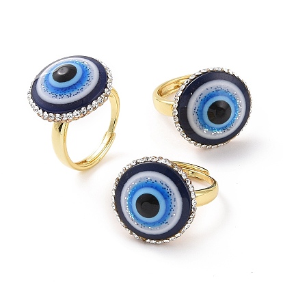 Adjustable Lampwork Evil Eye Ring with Rhinestone, Golden Brass Lucky Jewelry for Women