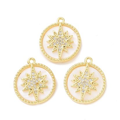 Brass Micro Pave Clear Cubic Zirconia Pendants, with White Shell, Cadmium Free & Lead Free, Flat Round with Star