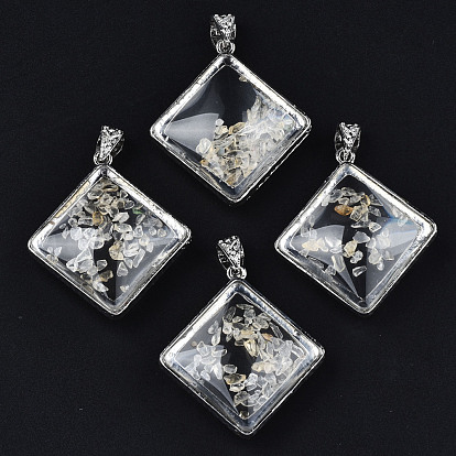 Transparent Glass Rhombus Pendants, with Citrine Chip Beads Inside and Brass Findings, Platinum