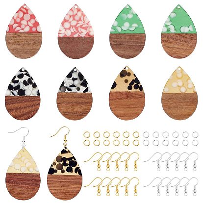Earring Making Kits, Including Resin & Walnut Wood Pendants, Brass Earring Hooks, Brass Jump Rings, Teardrop