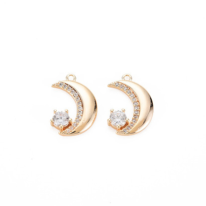 Brass Micro Pave Cubic Zirconia Pendants, Real 18K Gold Plated, Nickel Free, Moon