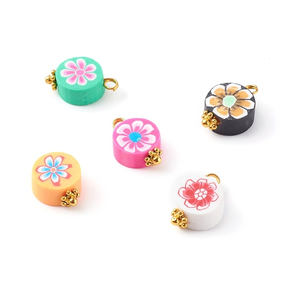 Polymer Clay Pendants, with Brass Findings, Flat Round with Flower Pattern, Golden