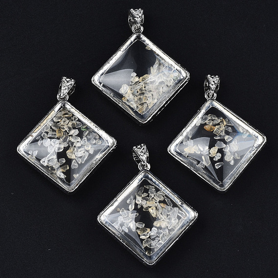 Transparent Glass Rhombus Pendants, with Citrine Chip Beads Inside and Brass Findings, Platinum