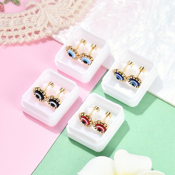 Дурной глаз стеклянные поддельные беруши, 304 серьги-гвоздики из нержавеющей стали с эмалью для женщин, золотые