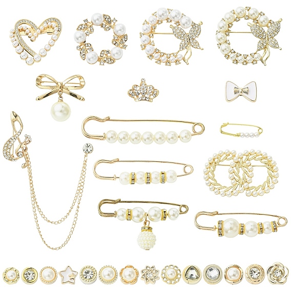 28шт 28 стили пластиковая имитация жемчужных бусин брошь, со стразами и сплавочной фурнитурой, латунная брошь-булавка для килта, пластиковые защитные броши, наборы