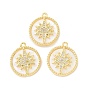 Brass Micro Pave Clear Cubic Zirconia Pendants, with White Shell, Cadmium Free & Lead Free, Flat Round with Star