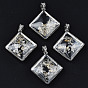 Transparent Glass Rhombus Pendants, with Citrine Chip Beads Inside and Brass Findings, Platinum