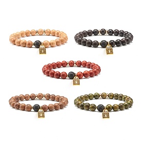 Padlock Charm Bracelet for Girl Women, Natural Lava Rock & Wood & Non-magnetic Synthetic Hematite Round Beads Oil Diffuser Stretch Bracelet, Golden