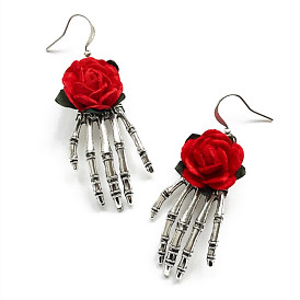 Gothic Antique Silver Skull Rose Earrings - Unique, Vintage, Statement Jewelry