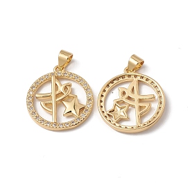 Rack Plating Brass Pendants, with Cubic Zirconia, Flat Round with Star Charm, Cadmium Free & Lead Free, Long-Lasting Plated