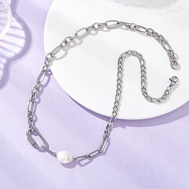 304 ожерелья из нержавеющей стали с цепочкой Фигаро и цепочкой-скрепкой, с натуральными бусинами из жемчуга кеши и 304 карабинами с винтовым замком из нержавеющей стали, белые