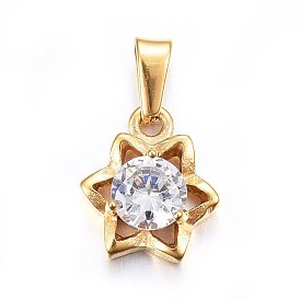 304 Stainless Steel Charms, with Cubic Zirconia, Flower